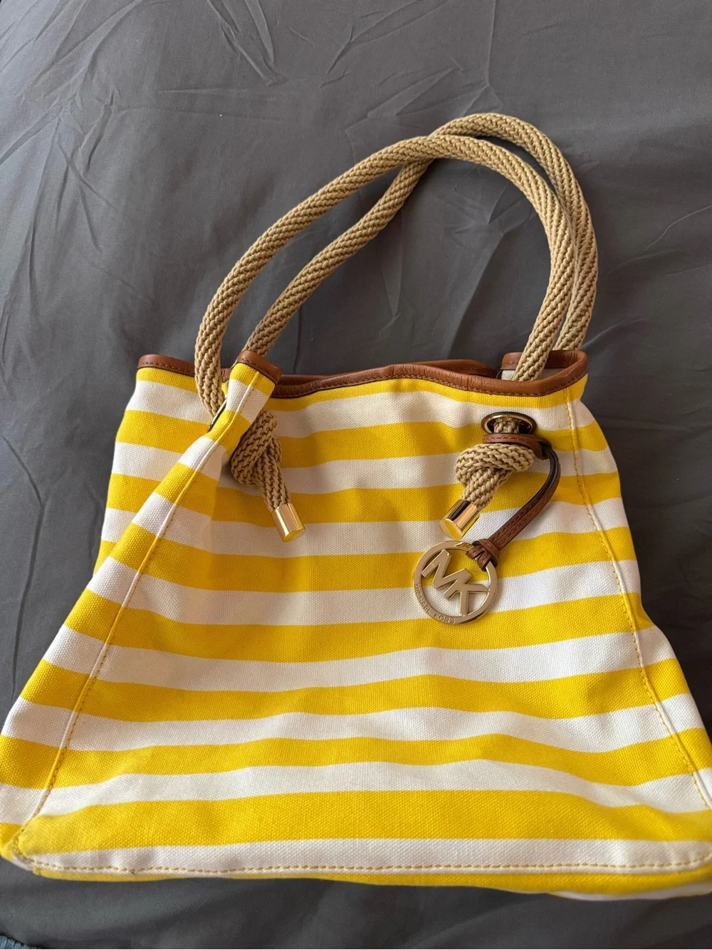 Michael Kors Yellow and White Striped Canvas Tote with Rope Handles